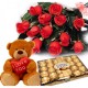 12 Red Roses Bunch +Cute Teddy Bear + 24 pcs Ferrero Rocher